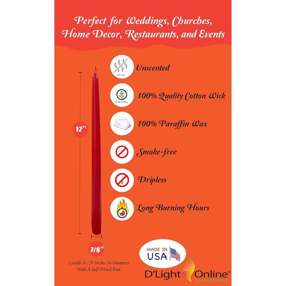 Elegant Unscented 12" Red Taper Candles Premium Quality Hand-Dipped Tapered Cand - Picture 2 of 4